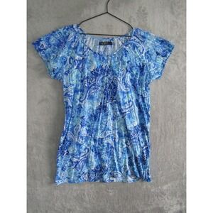 Lauren Ralph Lauren Blue Paisley Print Short Sleeve Button Neck Top Plus Size 2X